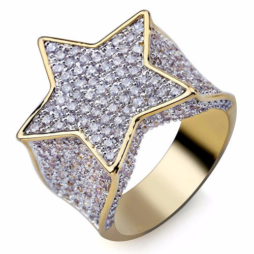 Hip Hop Rock Luxury Full AAA Cubic Zirconia Ice Out Bling Golden Ring Gold Color Brass Material Star Rings Men Jewelry Size 7-11