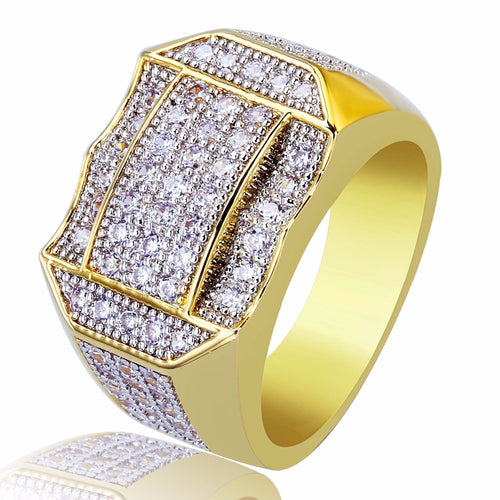 Hip Hop Bling Ice Out AAA Cubic Zirconia Male Ring Gold Color Geometric Mens Signet Rings Rock Jewelry