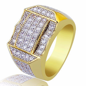 Hip Hop Bling Ice Out AAA Cubic Zirconia Male Ring Gold Color Geometric Mens Signet Rings Rock Jewelry