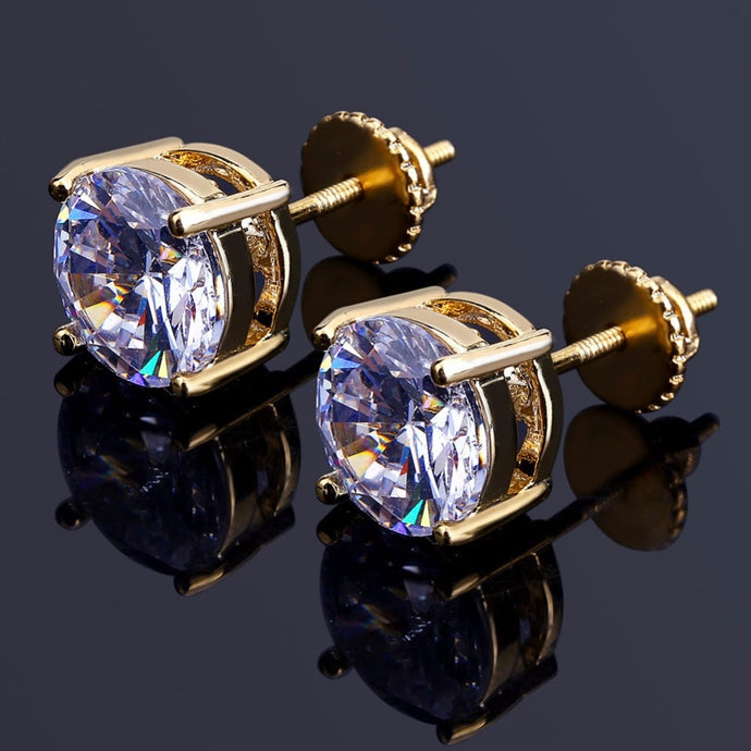Hip Hop Claw Setting Cubic Zirconia Bling Ice Out Stud Earring Male Gold Color Copper Round Earrings for Men Fashion Jewelry