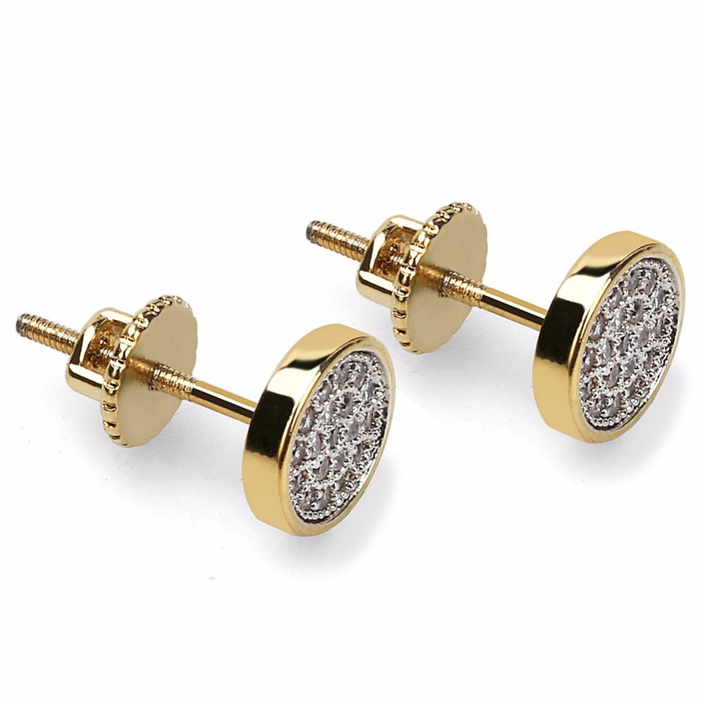 Micro Pave CZ Stone Bling Ice Out  Hip Hop Stud Earring Male Gold Color Copper Material Round Earrings for Men Rock Jewelry