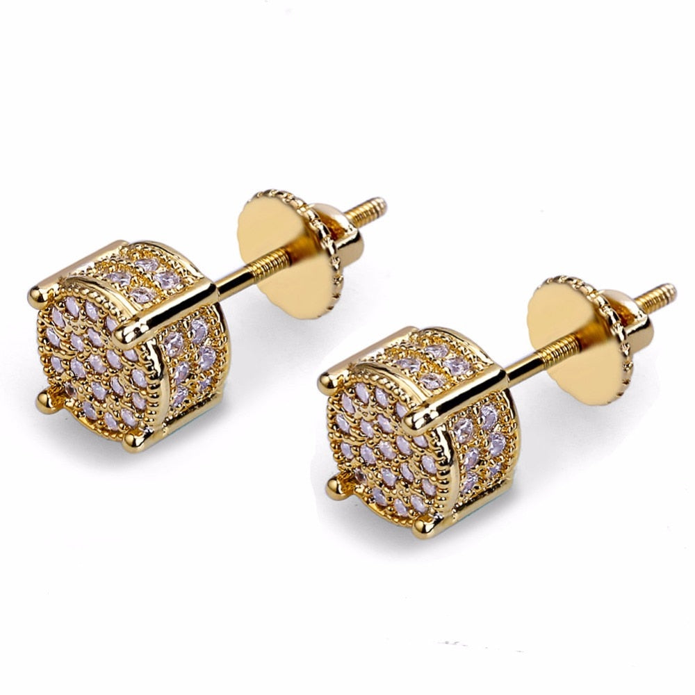 Micro Pave CZ Stone Bling Ice Out  Hip Hop Stud Earring Male Gold Color Copper Material Round Earrings for Men Rock Jewelry