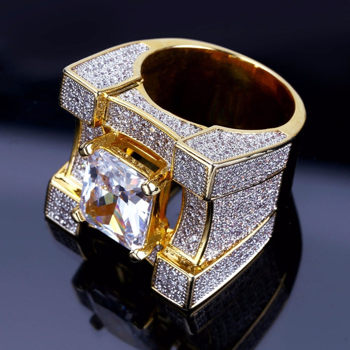 AAA Cubic Zirconia Ice Out Bling Golden Big Wide Hip Hop Rings Gold Color Geometric Men Hiphop Rapper CZ Ring Jewelry