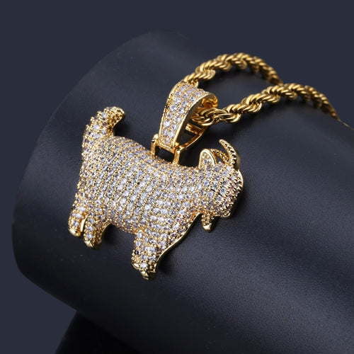 AAA+ Zircon Bling Ice Out Goat Sheep Pendant Necklaces Gold Color Copper Men's Hip Hop Rapper Jewelry with 24inch Twist Chain