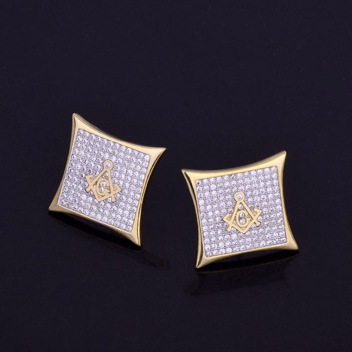 Freemasonry Masonic Earrings Gold Filled Copper Material Micro Paved CZ Stone Square Men Hip Hop Rapper Stud Earring Jewelry