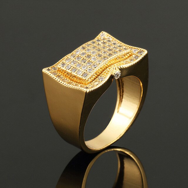 Hip Hop Micro Pave AAA Zircon Bling Ice Out Mens Ring Gold Silver Color Environmental Copper Square Rings for Men Jewelry