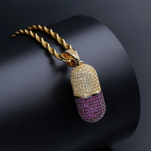 Micro Paved AAA CZ Stone Cubic Zirconia Pill Capsule Pendants Necklaces Men Hip Hop Bling Ice Out Rapper Jewelry