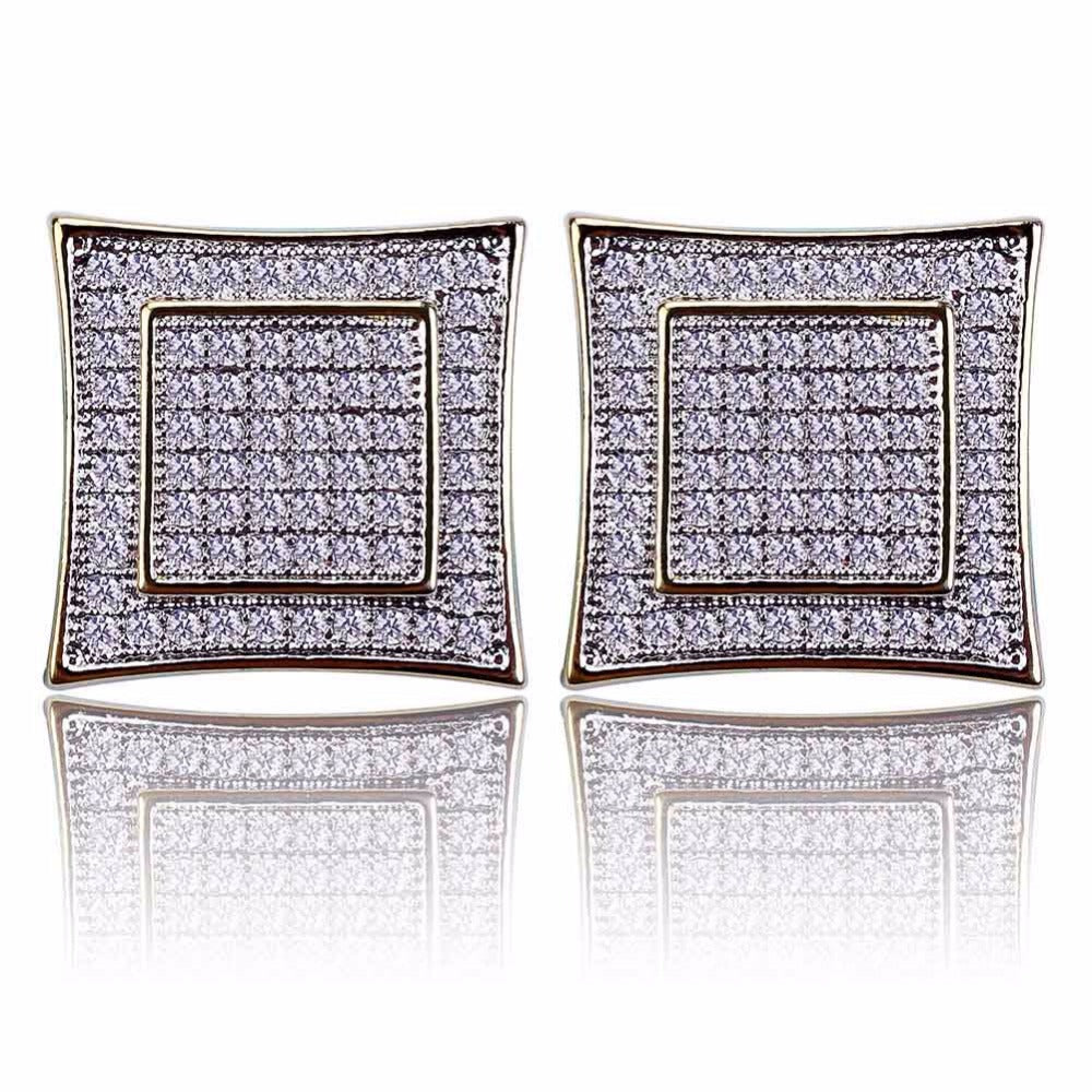 Micro Pave CZ Stone Bling Ice Out  Hip Hop Stud Earring Male Gold Color Copper Material Square Earrings for Men Rock Jewelry