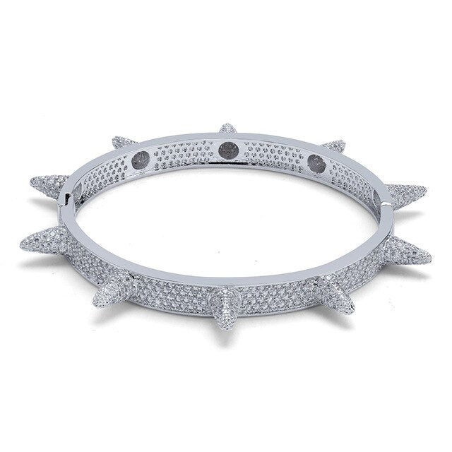 Micro Paved AAA Cubic Zirconia Stone Rivet Spike Open Cuff Bangle Women CZ Bracelet Men Hip Hop Bling Iced Out Rapper Jewelry