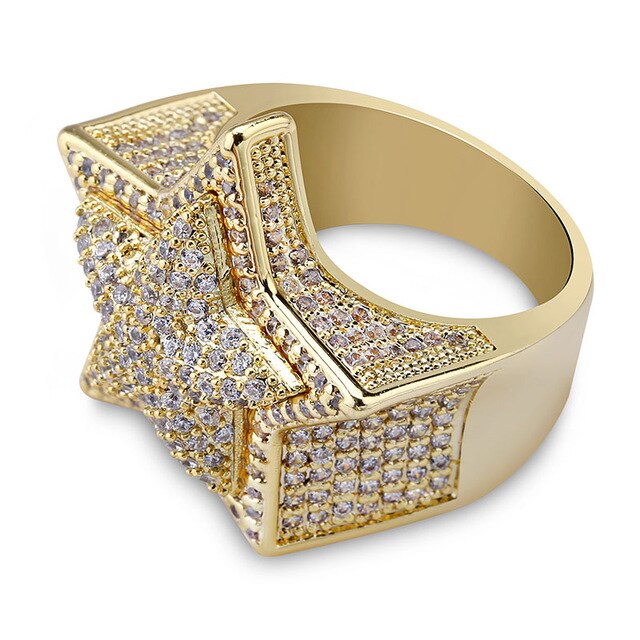 Men's Hip Hop Rapper Rings AAA CZ Rhinestone Gold Silver Color Iced Out Bling Star Ring Male Female Luxury Jewelry 7-11