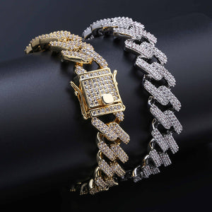14mm Wide 7"8" Miami Curb Cuban Chain Bracelet For Men Hip Hop Bling Iced Out Paved Rhinestones Gold Silver CZ Bracelets Jewelry
