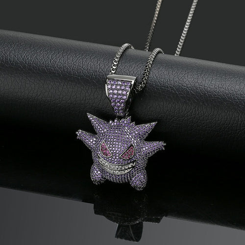 New Arrival Purple AAA CZ Zircon Paved Bling Ice Out Pokemon Mask Gengar Pendant Necklace Men Hip Hop Rapper Jewelry
