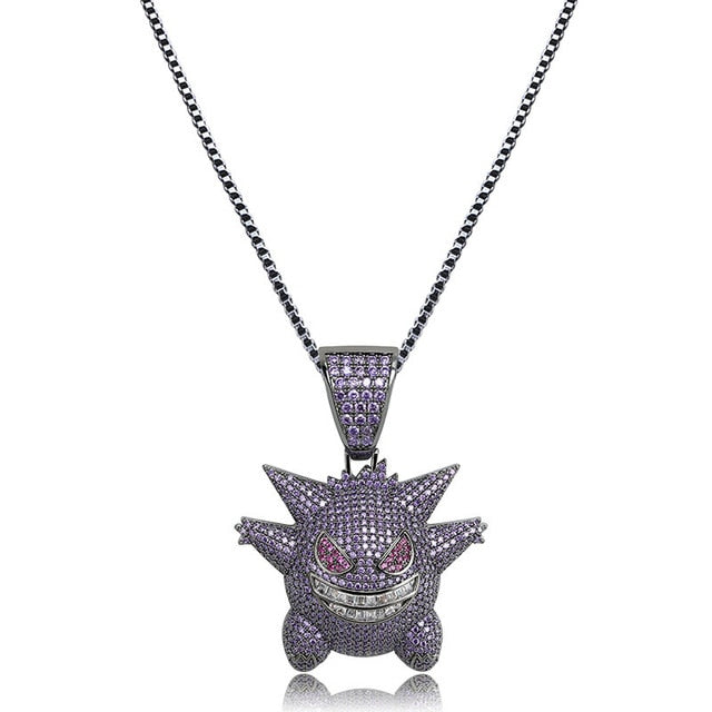 New Arrival Purple AAA CZ Zircon Paved Bling Ice Out Pokemon Mask Gengar Pendant Necklace Men Hip Hop Rapper Jewelry