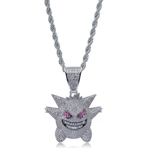 New Arrival Purple AAA CZ Zircon Paved Bling Ice Out Pokemon Mask Gengar Pendant Necklace Men Hip Hop Rapper Jewelry