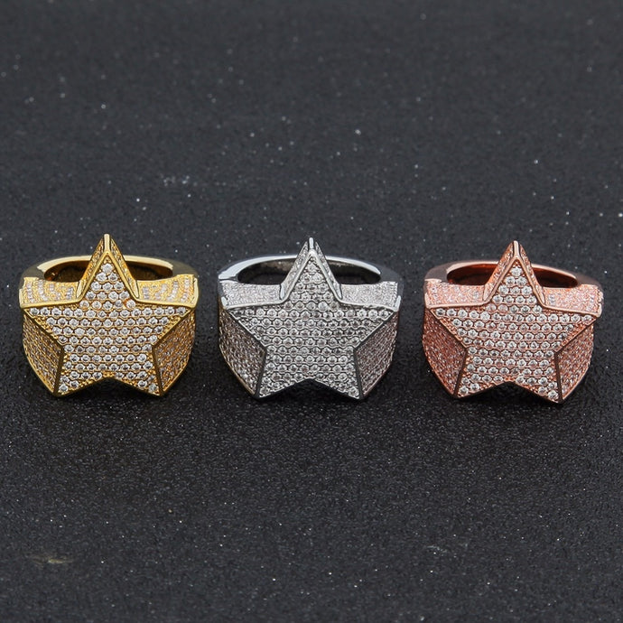 Hip Hop AAA Zircon Paved Ice Out Bling Star Rings Silver Rose Gold Pentagram Ring Men Women Jewelry Gift Drop Shipping Size 7-12