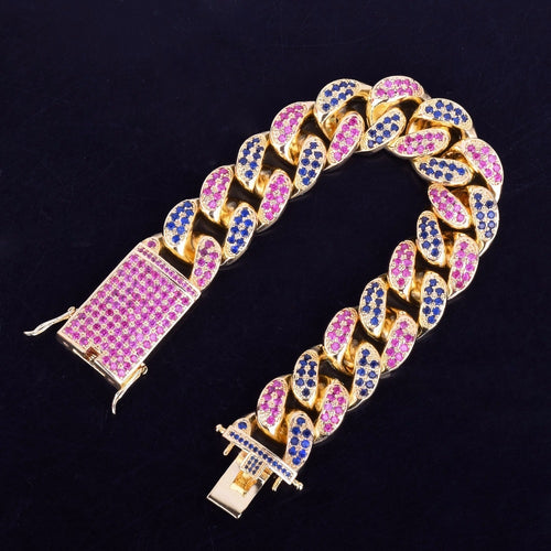 20mm wide Pink Blue CZ Stones Paved Hip Hop Bling Iced Out Gold Miami Curb Cuban Link Chain Bracelet for Men Rapper Jewelry