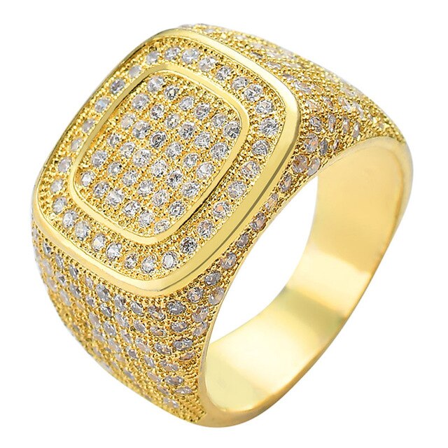 Hip Hop Full AAA Zircon Paved Ice Out Bling Gold Geometric Square Rings for Men Rapper Jewelry Gift Drop Shipping Size 7-12