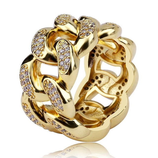 Hip Hop AAA CZ Stone Paved Bling Ice Out Cuban Miami Chain Ring Men Women Fashion Ring Jewelry Silver Gold Gift