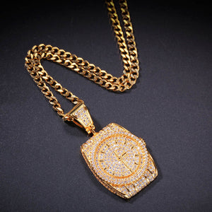 Hip Hop AAA CZ Stones Bling Ice Out Wristwatch Watch Shape Pendants Necklace for Men Rapper Jewelry Gold Silver with cuban chain
