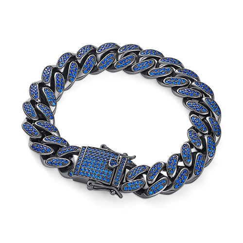 Hip Hop Black Blue CZ Stone Paved Bling Iced Out Cuban Miami Chain Bangle Bracelets for Men Rapper Jewelry 7