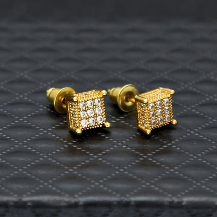 Hip Hop CZ Stone Paved Bling Ice Out Stud Earring Gold Silver Copper Geometric Square Stud Earrings Men Rapper Jewelry
