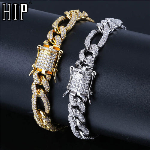 Hip Hop Bling Iced Out Clasps Full 3A Paved Rhinestone Men's Bracelet Gold Silver Copper Miami Cuban Bracelets For Men Jewelry