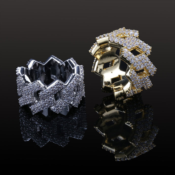 Hip Hop AAA Cubic Zirconia Bling Iced Out Rhombus Chain Ring Bling CZ Rings for Men Rapper Jewelry Gold Silver Drop Shipping