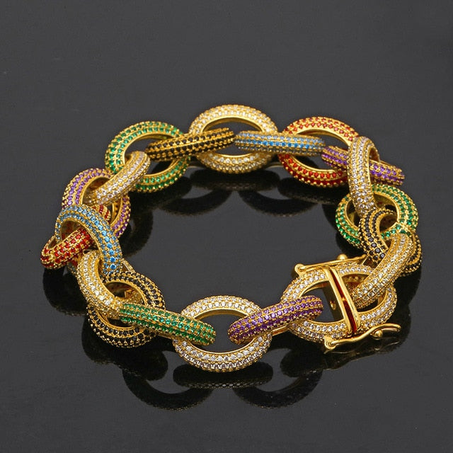Hip Hop Micro Paved AAA Cubic Zirconia Bling Iced Out Man Bracelets Multicolor CZ Link Chain Men Hiphop Rapper Jewelry Gold