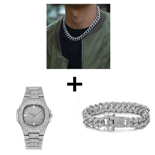 Necklace +Watch+Bracelet Hip Hop Miami Curb Cuban Chain Gold Iced Out Paved Rhinestones CZ Bling Rapper For Men Jewelry