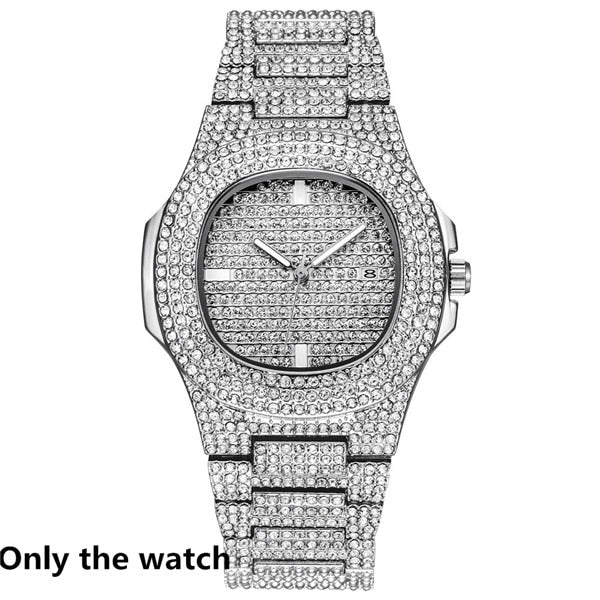 Necklace +Watch+Bracelet Hip Hop Miami Curb Cuban Chain Gold Iced Out Paved Rhinestones CZ Bling Rapper For Men Jewelry