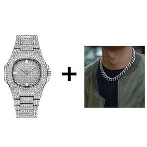 Necklace +Watch+Bracelet Hip Hop Miami Curb Cuban Chain Gold Iced Out Paved Rhinestones CZ Bling Rapper For Men Jewelry