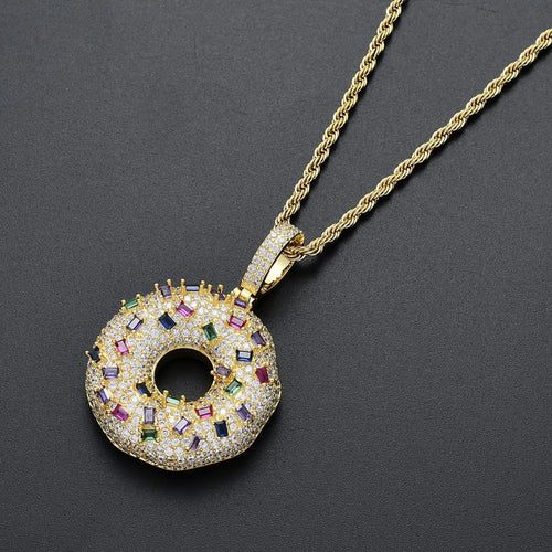 Micro Paved AAA Cubic Zirconia Gold Donut Pendants Necklaces Women Men Hip Hop AAA CZ Stone Bling Iced Out Jewelry