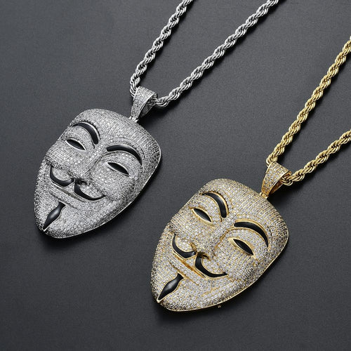 Hip Hop Micro Paved AAA CZ Stone Bling Ice Out V for Vendetta Mask Pendants Necklace for Men Rapper Jewelry Gold Silver