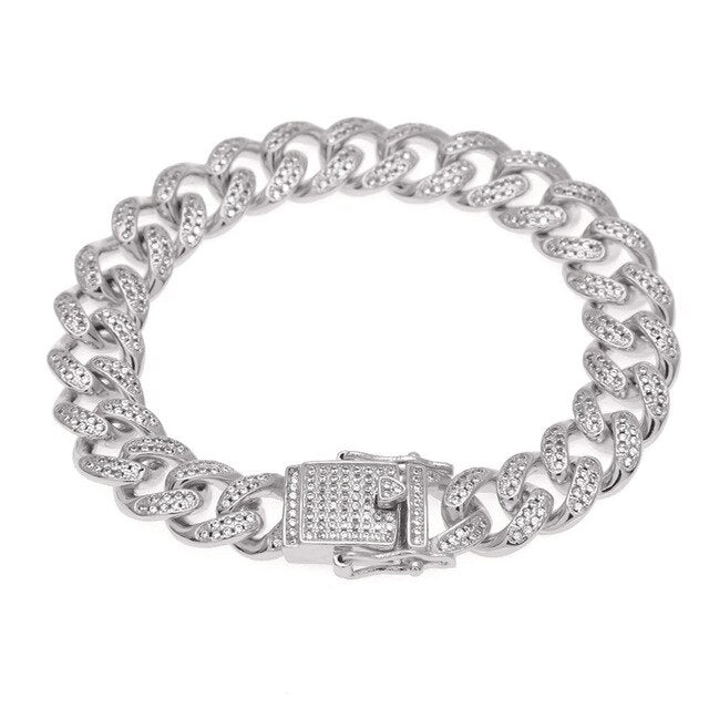 13mm wide Hip Hop CZ Stones Paved Bling Iced Out Round Miami Curb Cuban Link Chain Bracelets for Men Rapper Jewelry Gold Silver